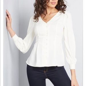 White puff sleeve button up blouse